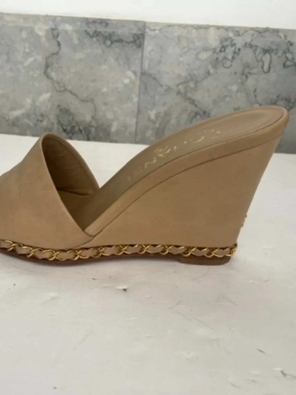 Chanel Tan Leather Chain Wedge Slide Sandals Mules CC Logo